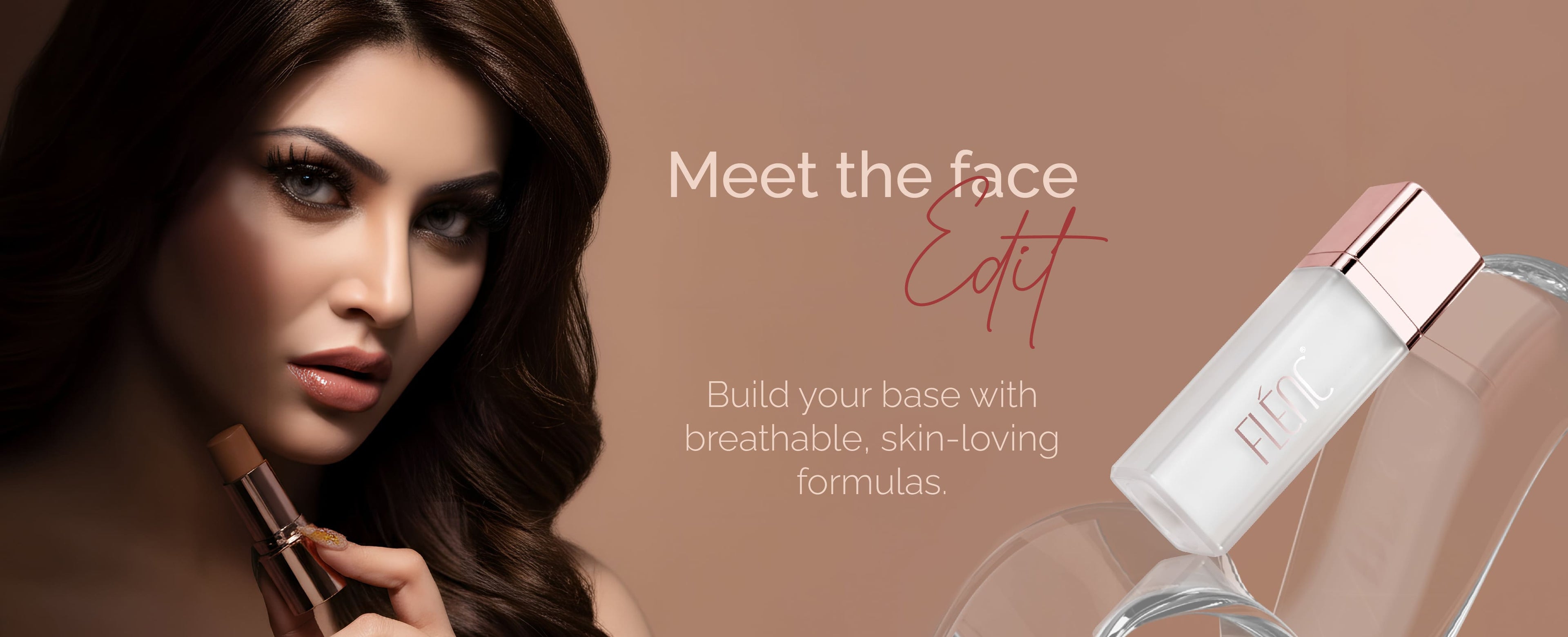Woman with makeup products on a brown background