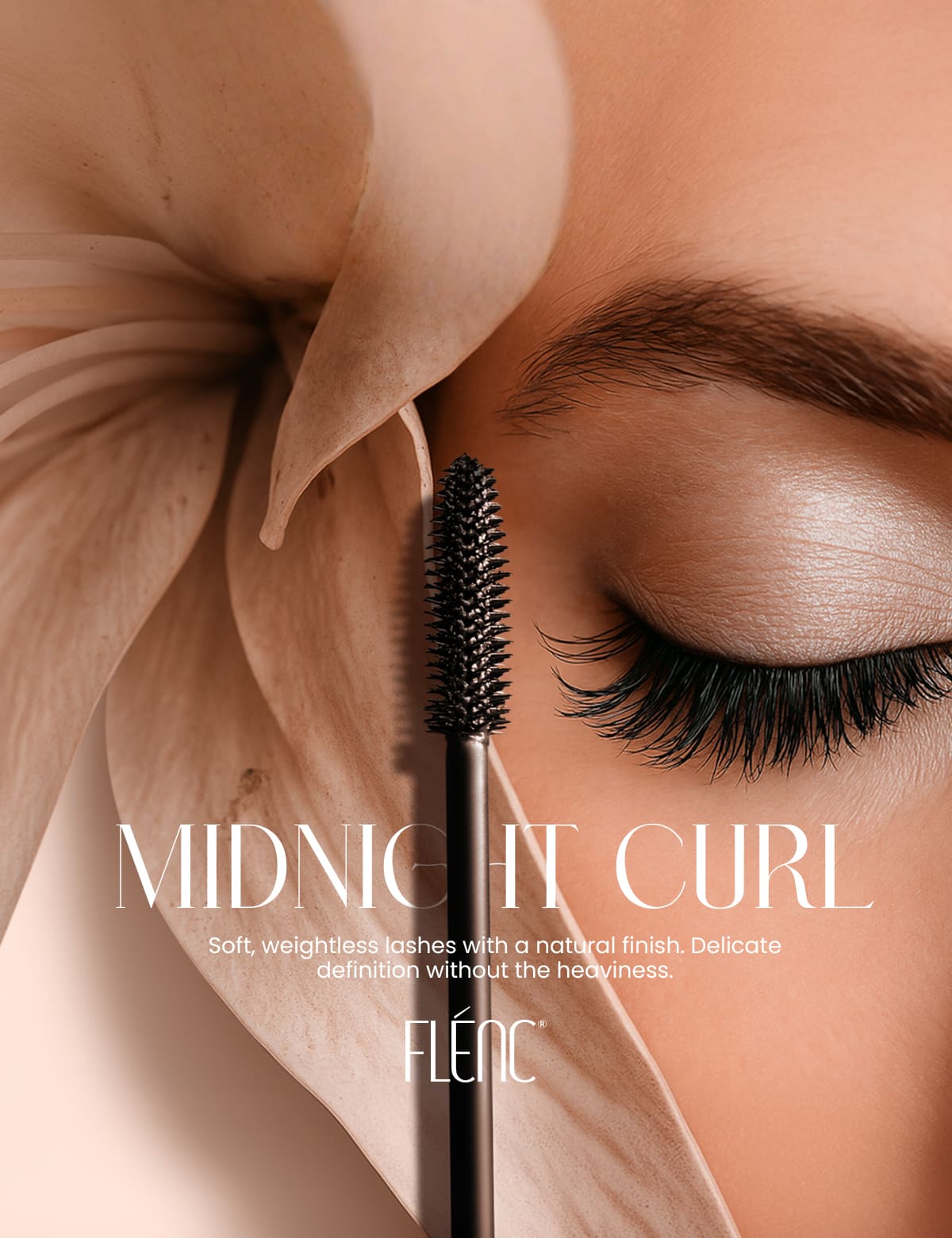 Mascara brush with eyelashes and flower, featuring Fléné brand text.